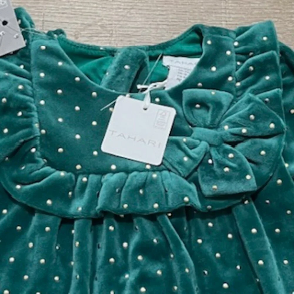 New Tahari Dress Girls Size 2 Green Velour Velvet With Gold Studs & Headband NWT